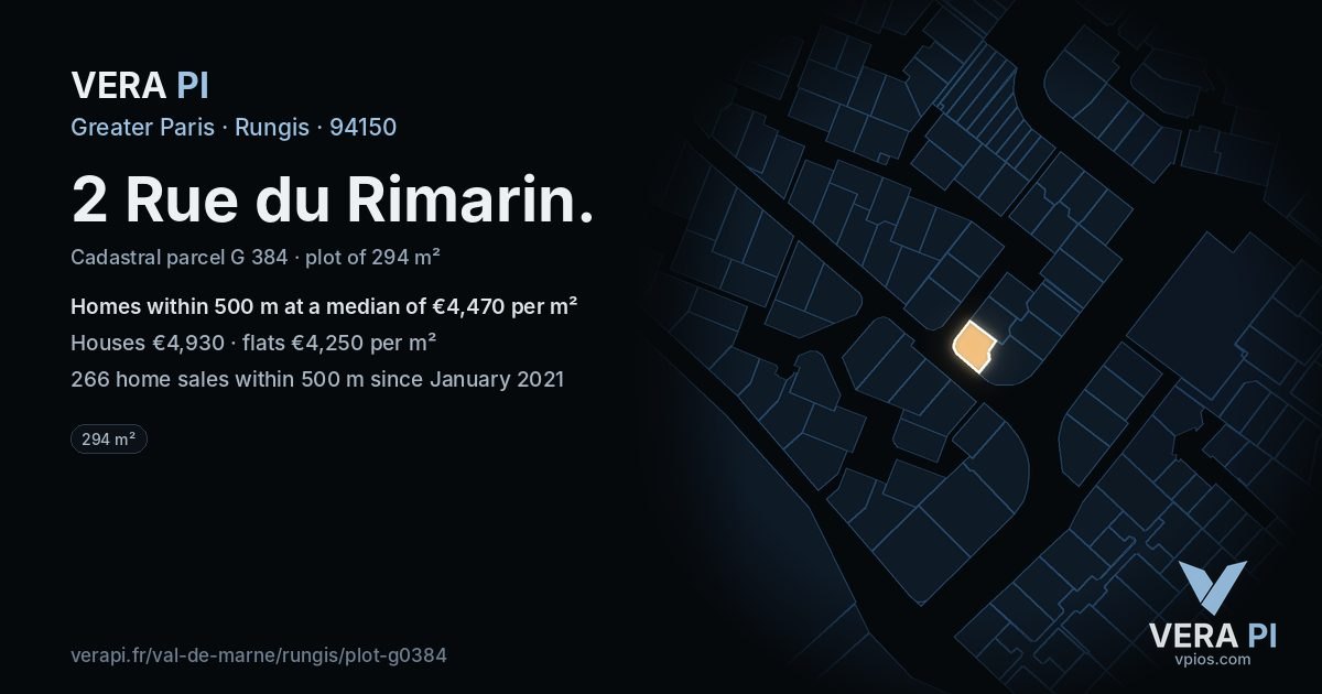 2 Rue du Rimarin, Rungis at night – the plot lit, the parcels around coloured by the prices near them