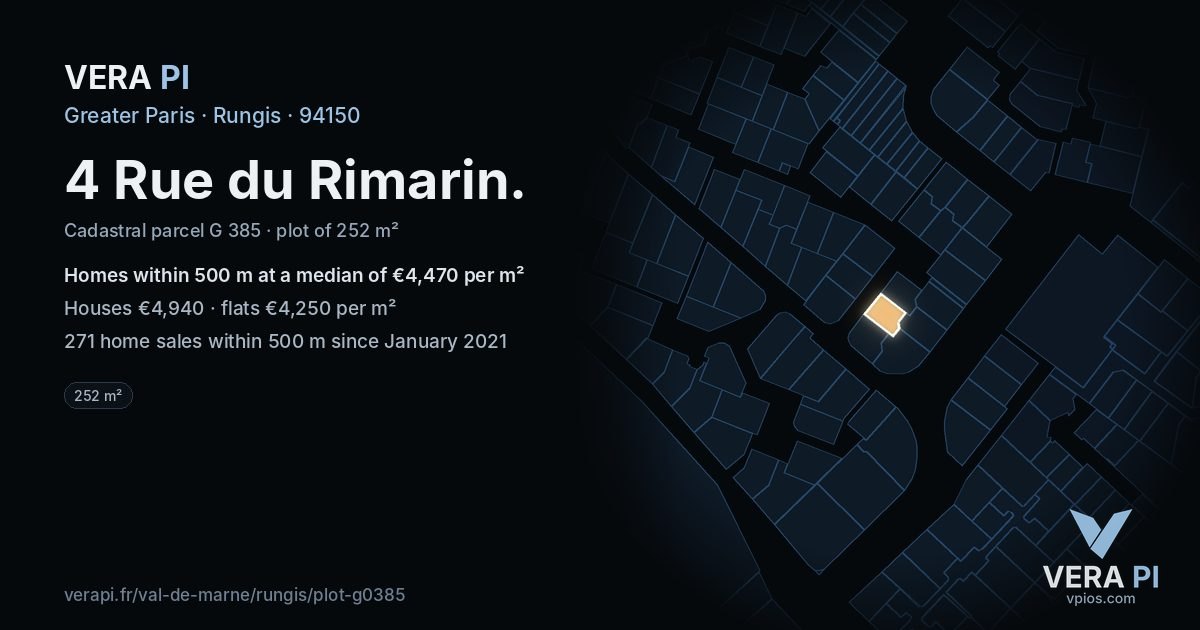 4 Rue du Rimarin, Rungis at night – the plot lit, the parcels around coloured by the prices near them