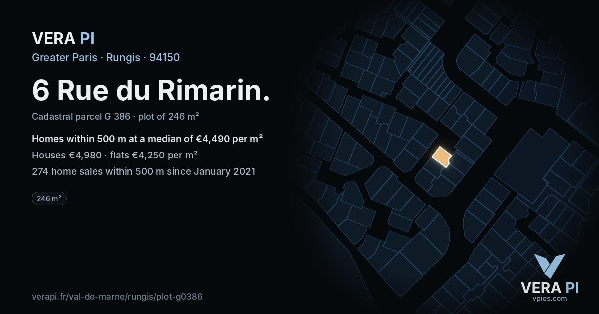 6 Rue du Rimarin, Rungis at night – the plot lit, the parcels around coloured by the prices near them