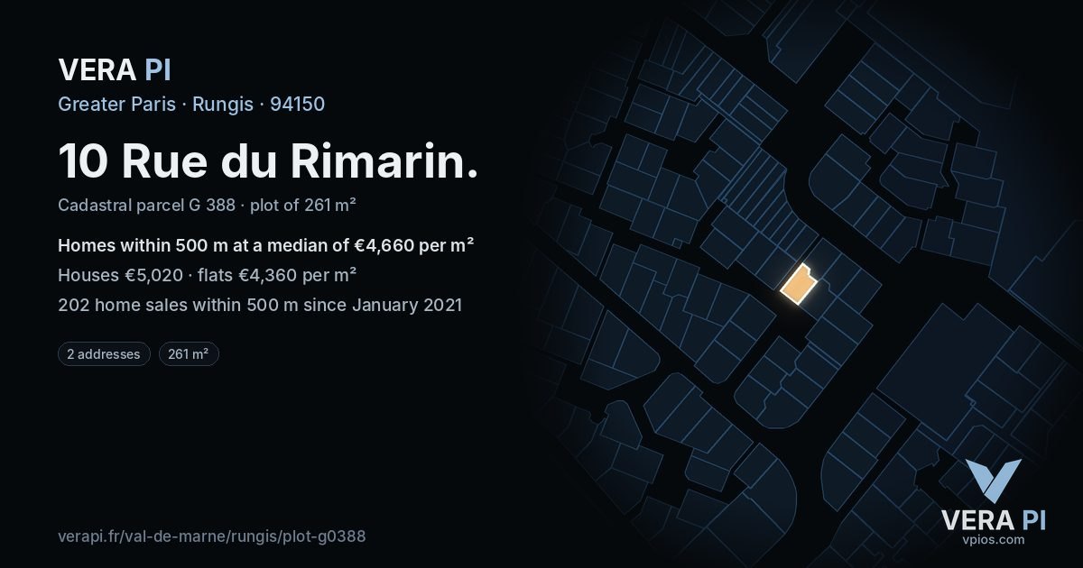 10 Rue du Rimarin, Rungis at night – the plot lit, the parcels around coloured by the prices near them
