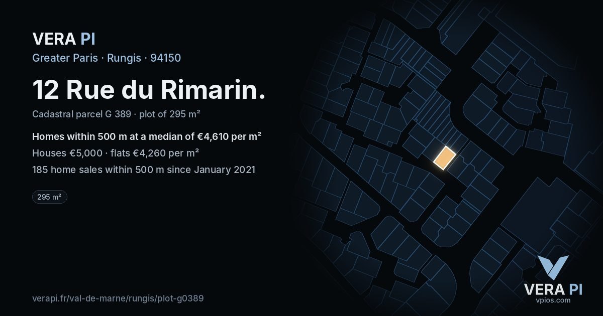 12 Rue du Rimarin, Rungis at night – the plot lit, the parcels around coloured by the prices near them