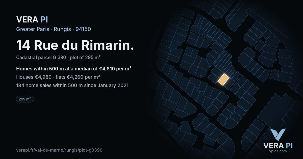 14 Rue du Rimarin, Rungis at night – the plot lit, the parcels around coloured by the prices near them