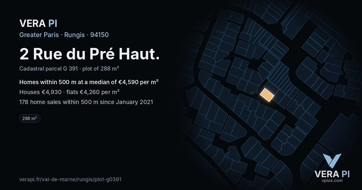 2 Rue du Pré Haut, Rungis at night – the plot lit, the parcels around coloured by the prices near them