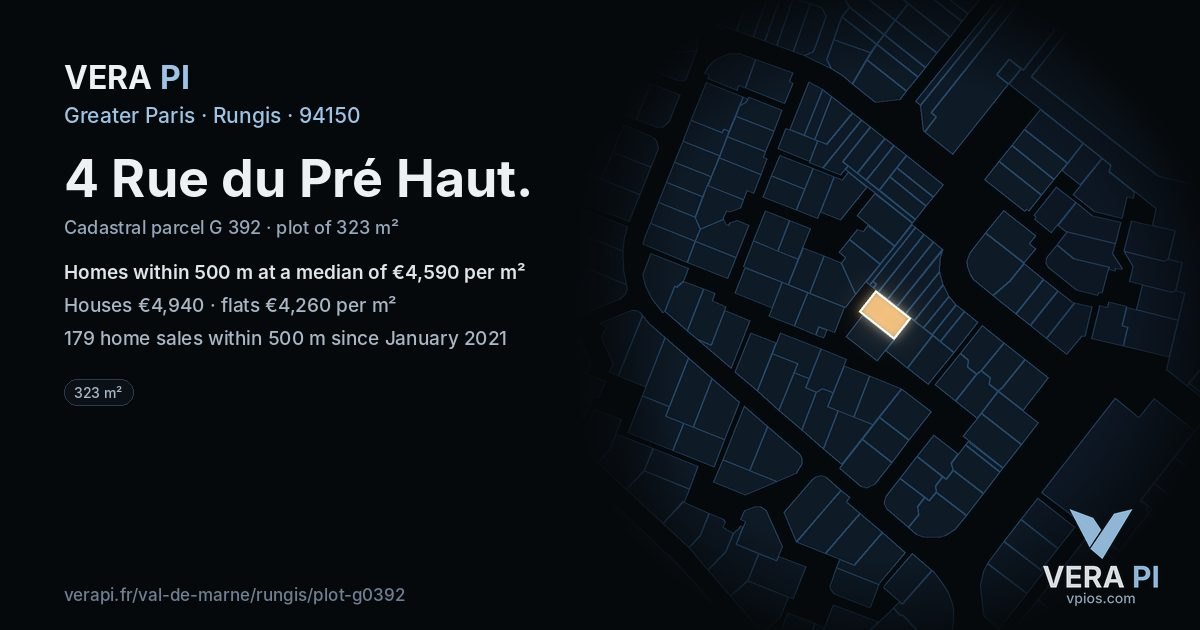 4 Rue du Pré Haut, Rungis at night – the plot lit, the parcels around coloured by the prices near them