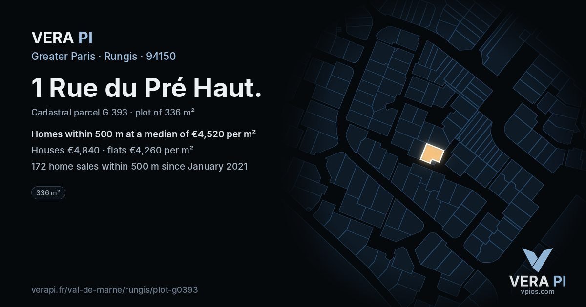 1 Rue du Pré Haut, Rungis at night – the plot lit, the parcels around coloured by the prices near them