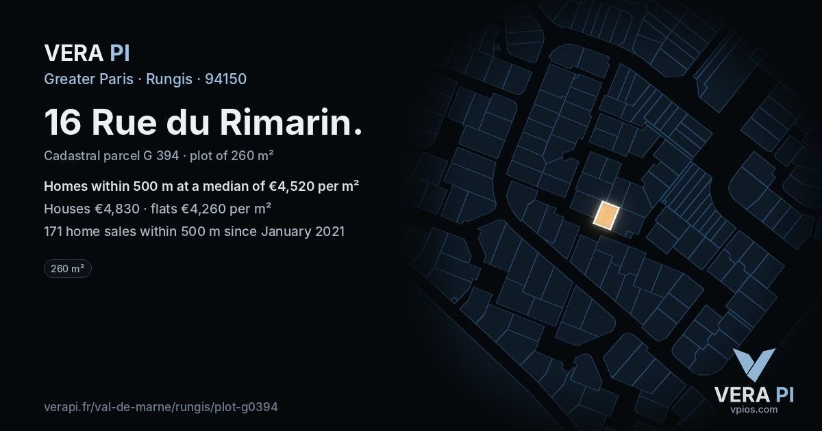 16 Rue du Rimarin, Rungis at night – the plot lit, the parcels around coloured by the prices near them