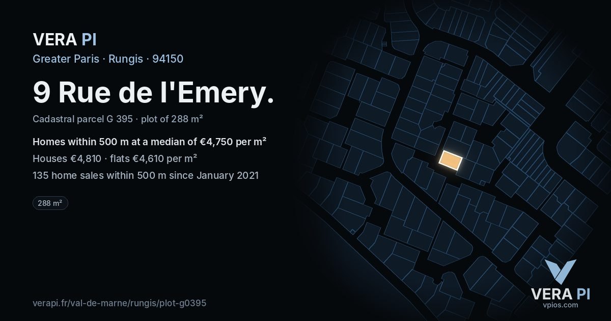 9 Rue de l'Emery, Rungis at night – the plot lit, the parcels around coloured by the prices near them