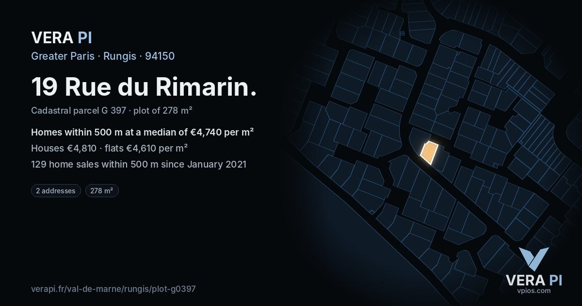 19 Rue du Rimarin, Rungis at night – the plot lit, the parcels around coloured by the prices near them