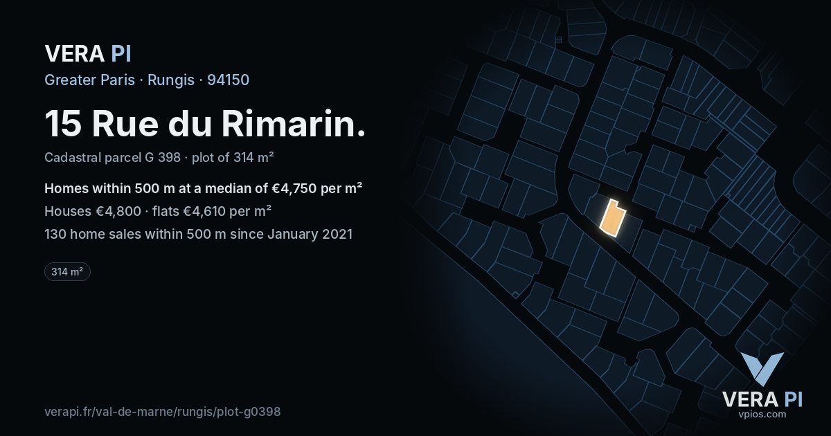 15 Rue du Rimarin, Rungis at night – the plot lit, the parcels around coloured by the prices near them