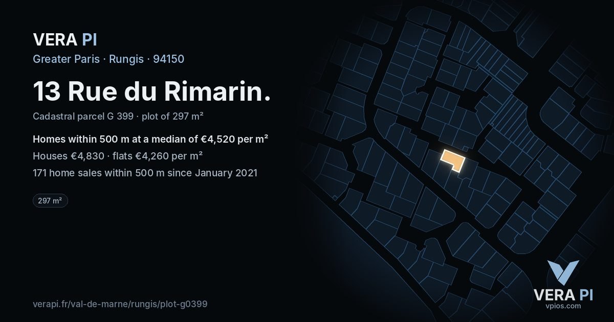 13 Rue du Rimarin, Rungis at night – the plot lit, the parcels around coloured by the prices near them