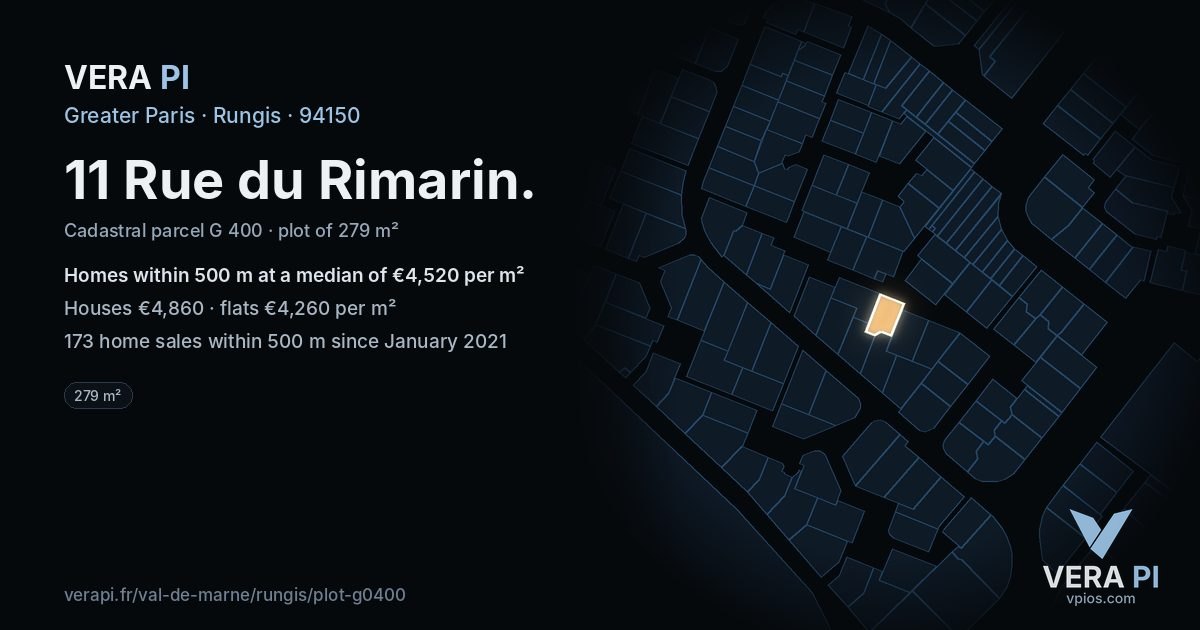 11 Rue du Rimarin, Rungis at night – the plot lit, the parcels around coloured by the prices near them