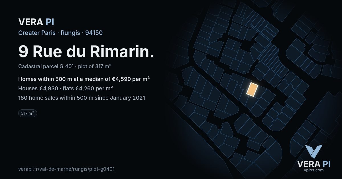 9 Rue du Rimarin, Rungis at night – the plot lit, the parcels around coloured by the prices near them