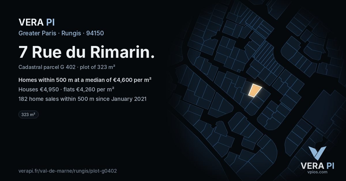 7 Rue du Rimarin, Rungis at night – the plot lit, the parcels around coloured by the prices near them