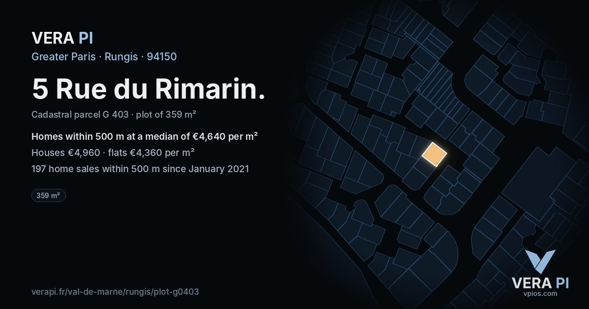 5 Rue du Rimarin, Rungis at night – the plot lit, the parcels around coloured by the prices near them