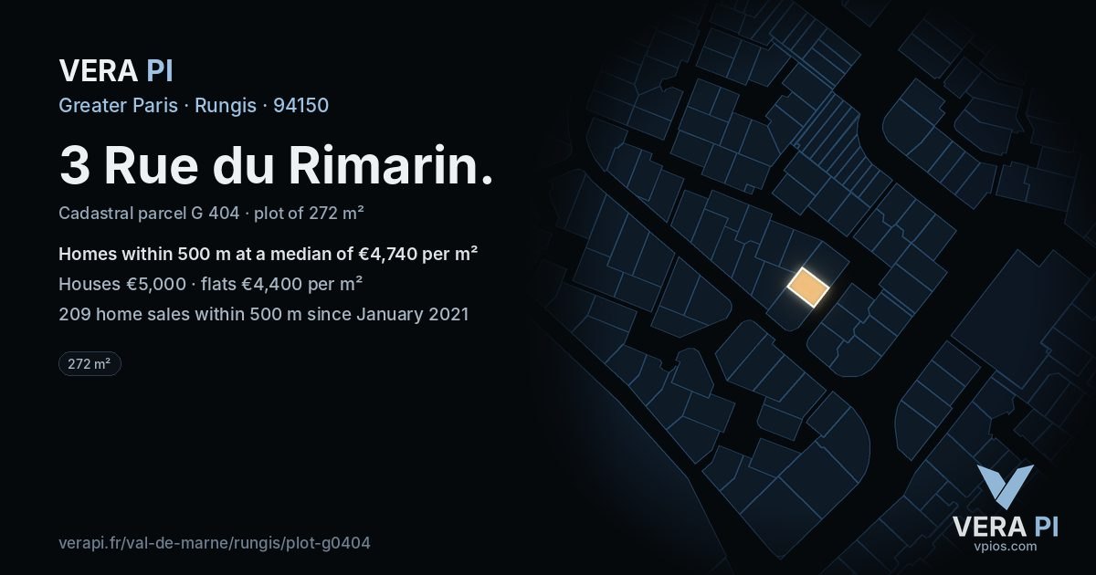3 Rue du Rimarin, Rungis at night – the plot lit, the parcels around coloured by the prices near them