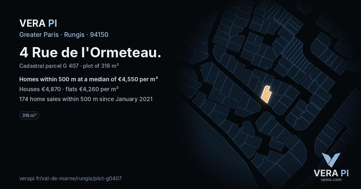 4 Rue de l'Ormeteau, Rungis at night – the plot lit, the parcels around coloured by the prices near them