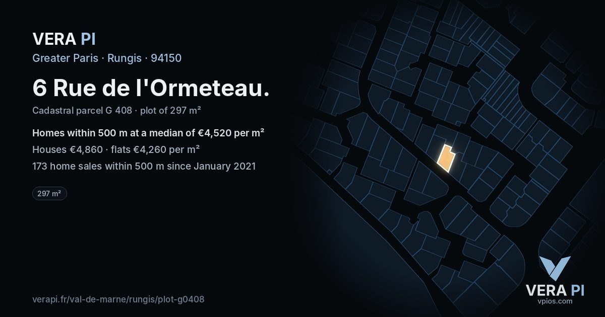 6 Rue de l'Ormeteau, Rungis at night – the plot lit, the parcels around coloured by the prices near them