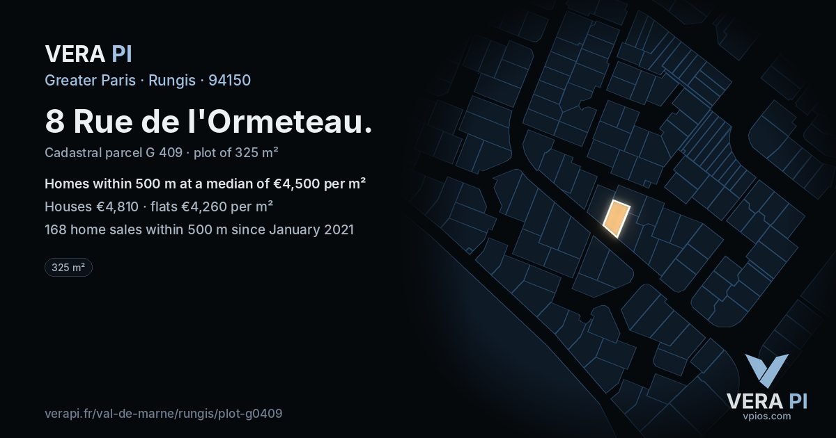 8 Rue de l'Ormeteau, Rungis at night – the plot lit, the parcels around coloured by the prices near them