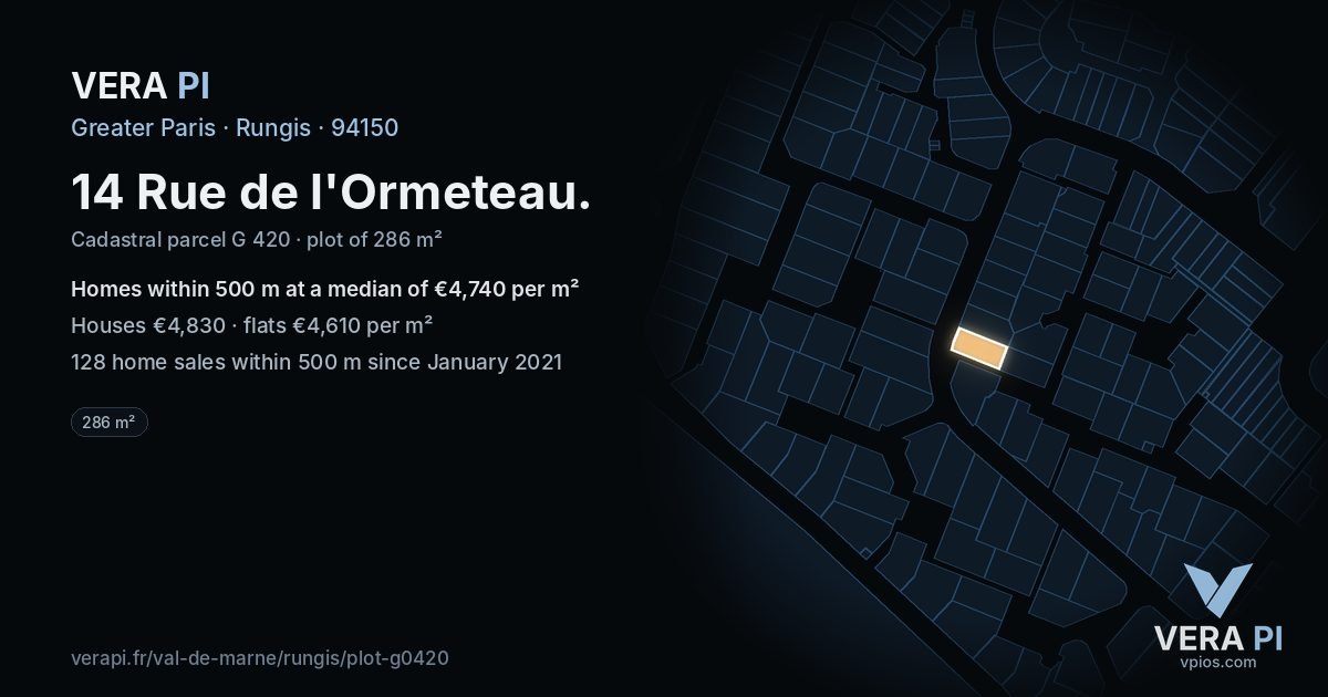 14 Rue de l'Ormeteau, Rungis at night – the plot lit, the parcels around coloured by the prices near them