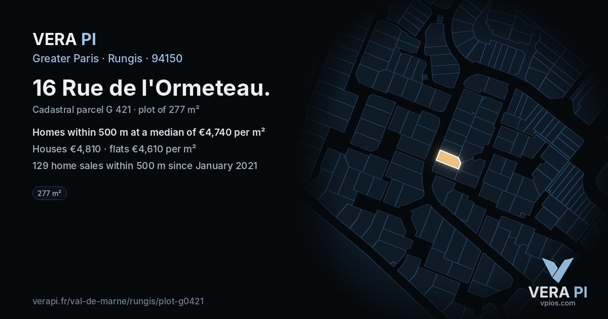 16 Rue de l'Ormeteau, Rungis at night – the plot lit, the parcels around coloured by the prices near them