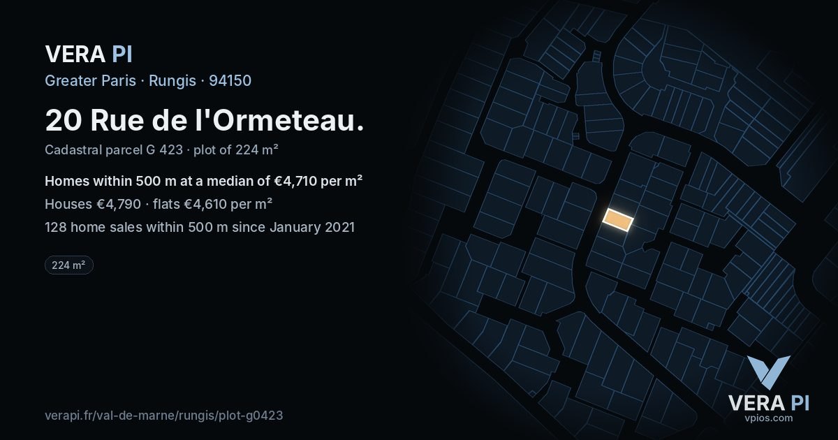 20 Rue de l'Ormeteau, Rungis at night – the plot lit, the parcels around coloured by the prices near them
