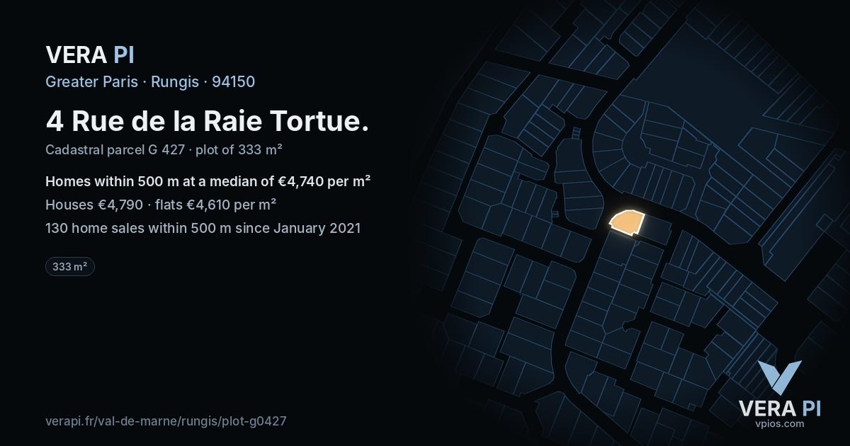 4 Rue de la Raie Tortue, Rungis at night – the plot lit, the parcels around coloured by the prices near them