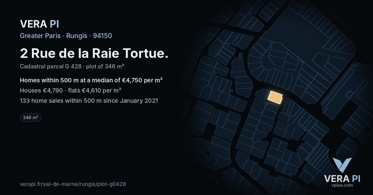 2 Rue de la Raie Tortue, Rungis at night – the plot lit, the parcels around coloured by the prices near them