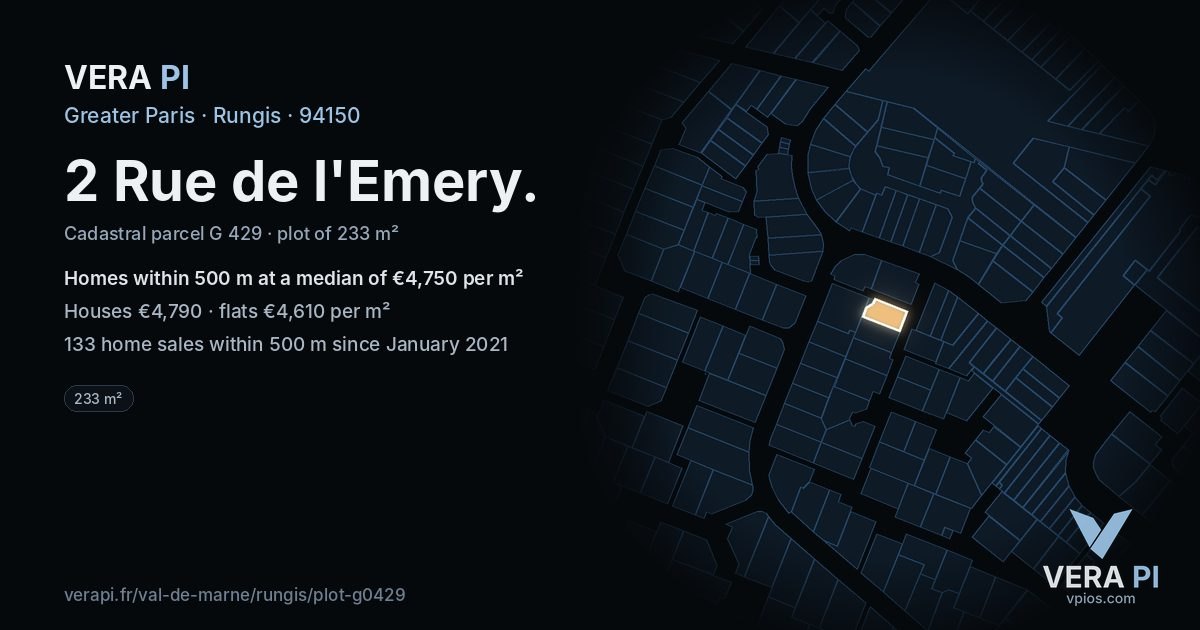 2 Rue de l'Emery, Rungis at night – the plot lit, the parcels around coloured by the prices near them