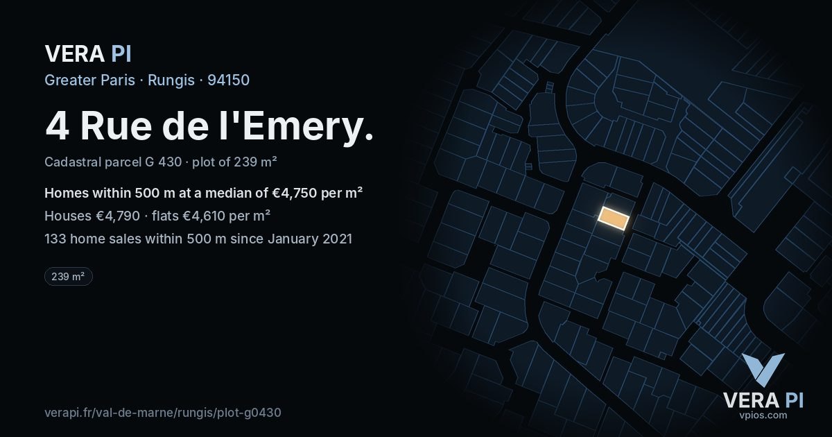 4 Rue de l'Emery, Rungis at night – the plot lit, the parcels around coloured by the prices near them