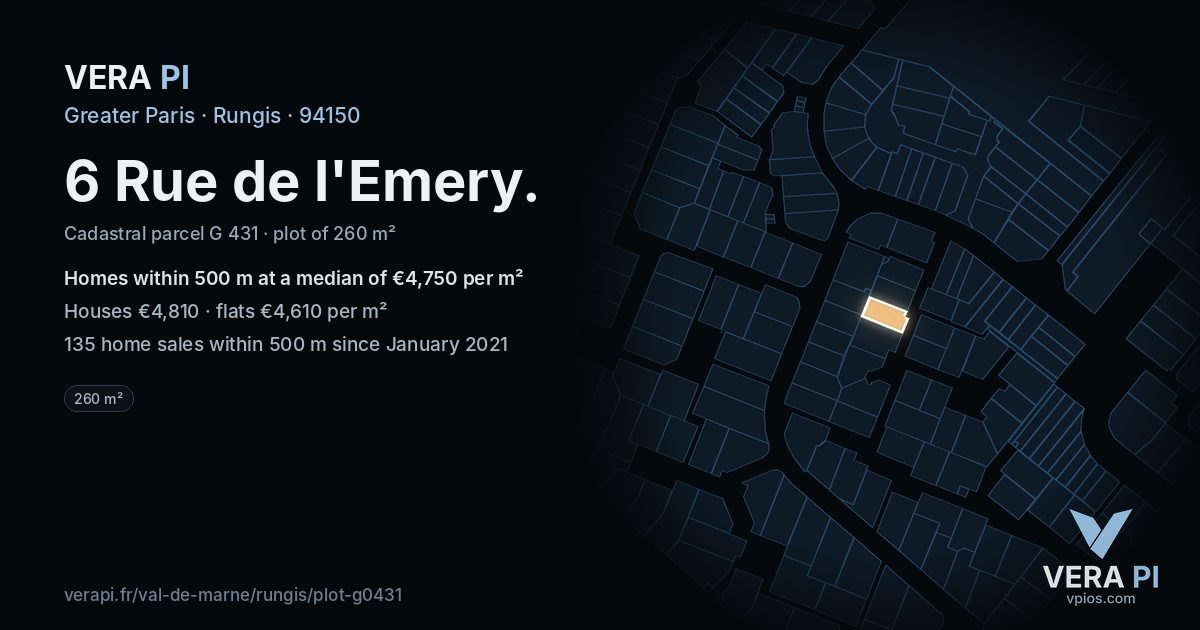 6 Rue de l'Emery, Rungis at night – the plot lit, the parcels around coloured by the prices near them