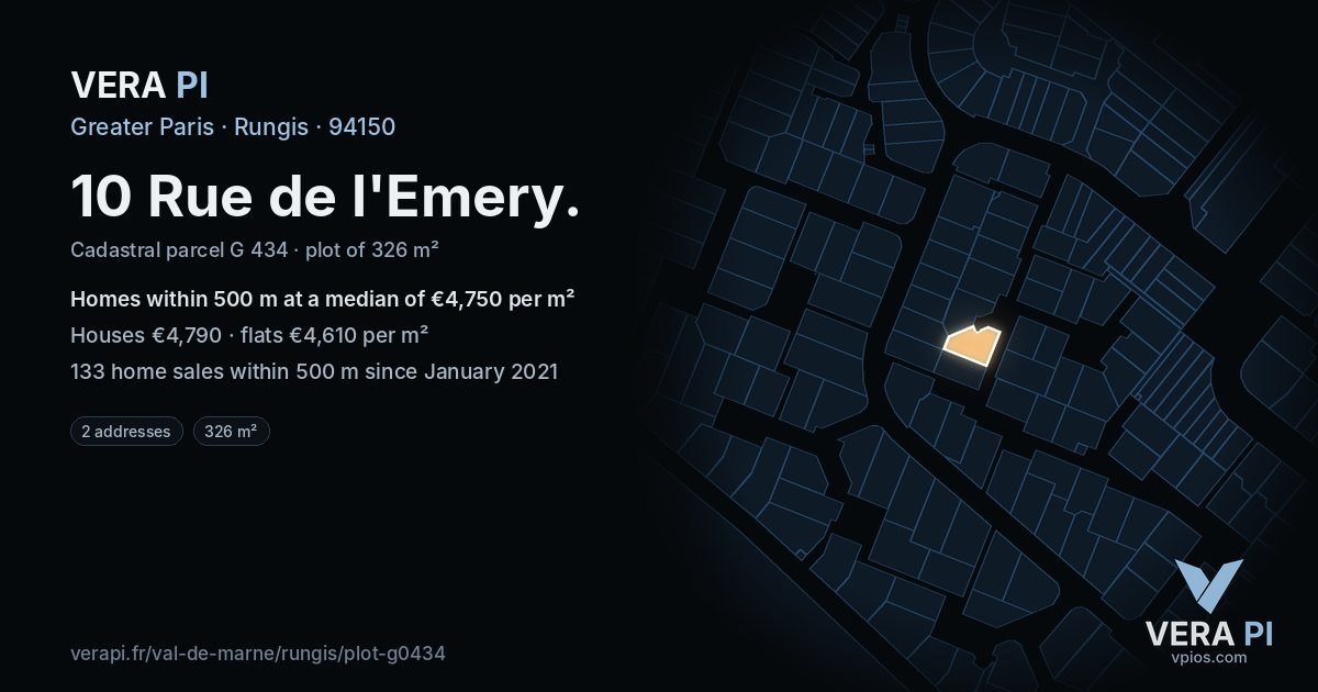 10 Rue de l'Emery, Rungis at night – the plot lit, the parcels around coloured by the prices near them
