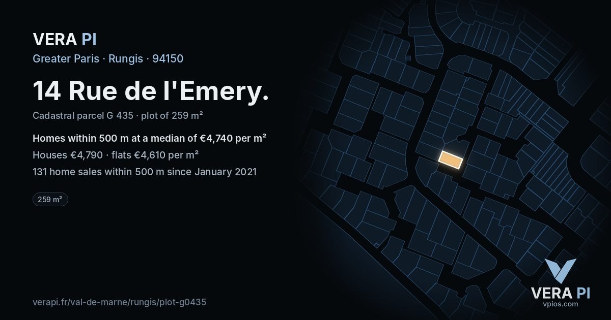 14 Rue de l'Emery, Rungis at night – the plot lit, the parcels around coloured by the prices near them