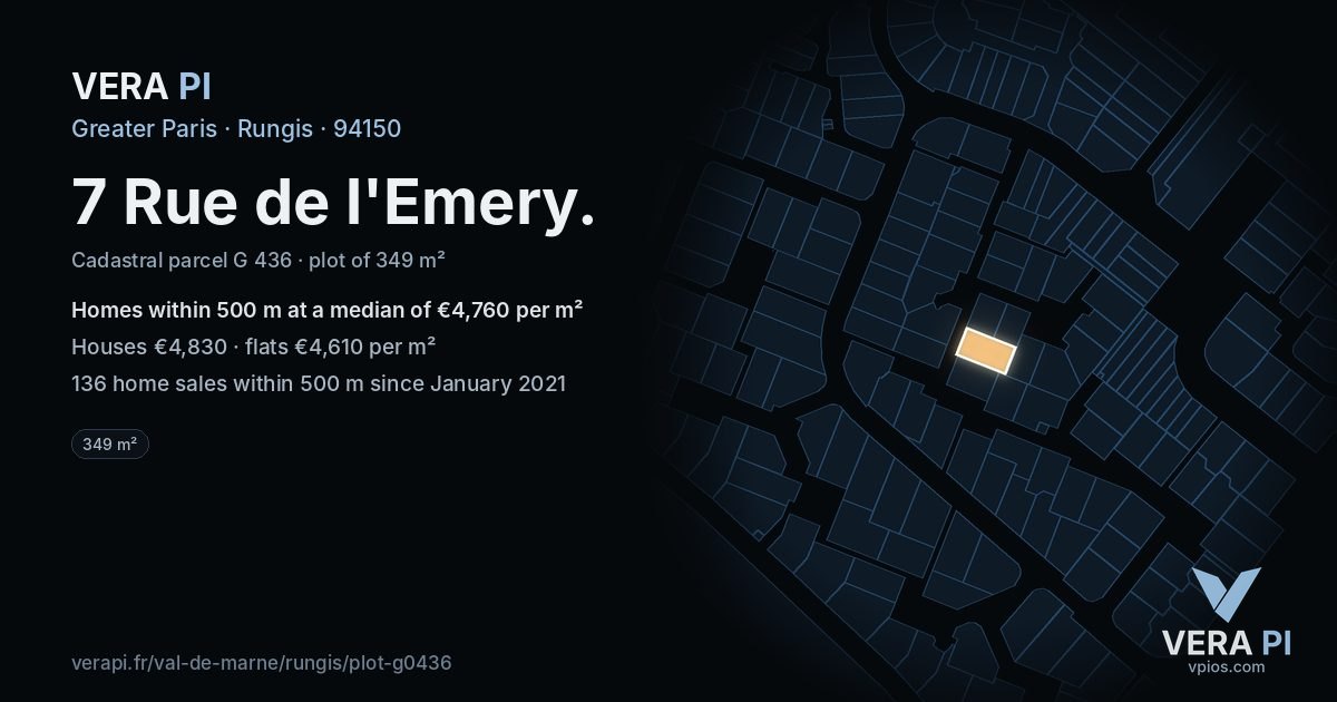7 Rue de l'Emery, Rungis at night – the plot lit, the parcels around coloured by the prices near them