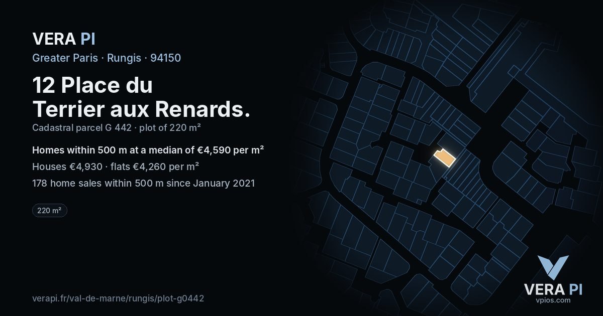 12 Place du Terrier aux Renards, Rungis at night – the plot lit, the parcels around coloured by the prices near them