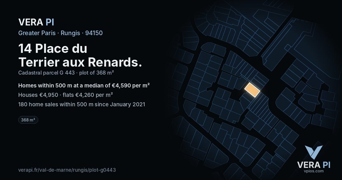 14 Place du Terrier aux Renards, Rungis at night – the plot lit, the parcels around coloured by the prices near them