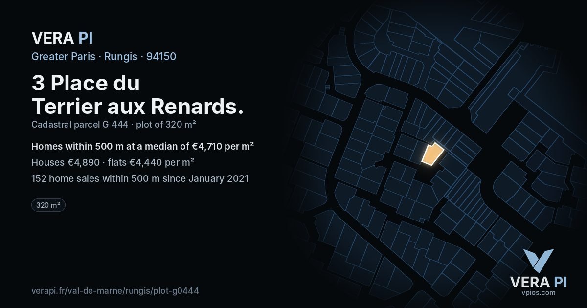 3 Place du Terrier aux Renards, Rungis at night – the plot lit, the parcels around coloured by the prices near them