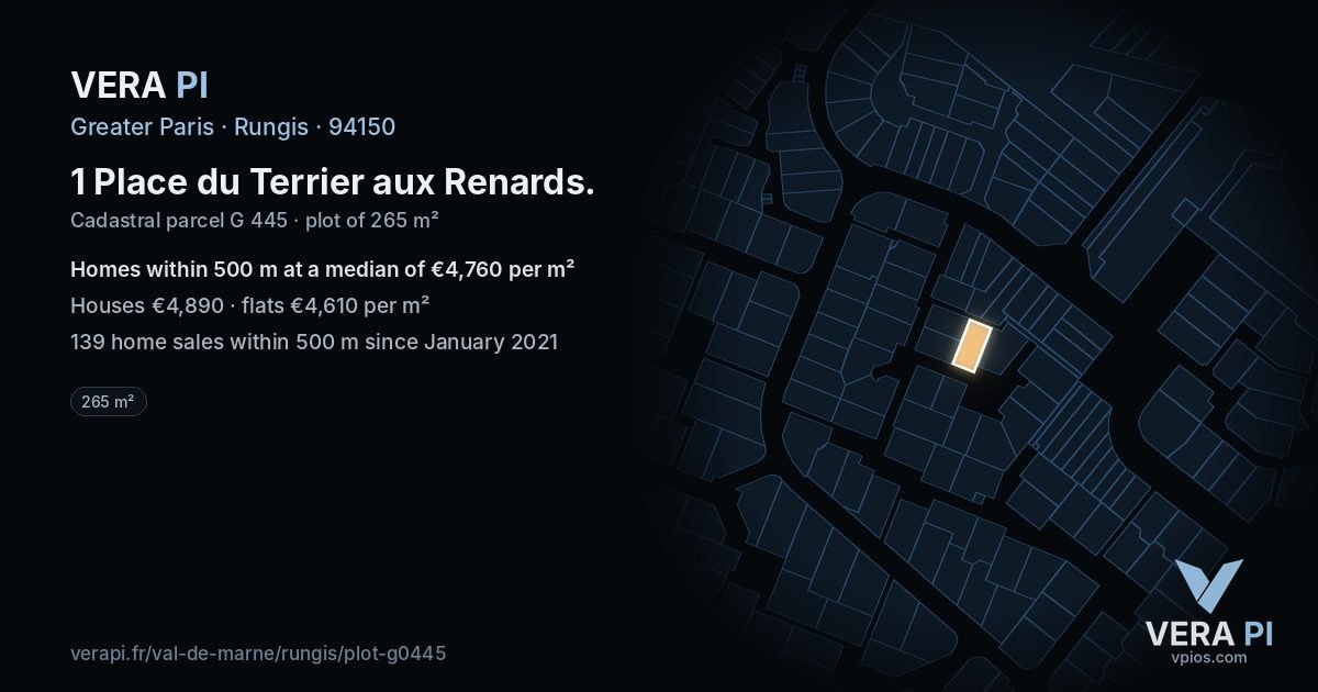 1 Place du Terrier aux Renards, Rungis at night – the plot lit, the parcels around coloured by the prices near them