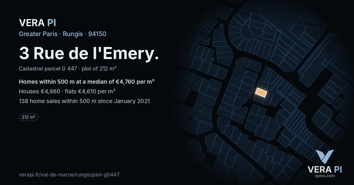 3 Rue de l'Emery, Rungis at night – the plot lit, the parcels around coloured by the prices near them