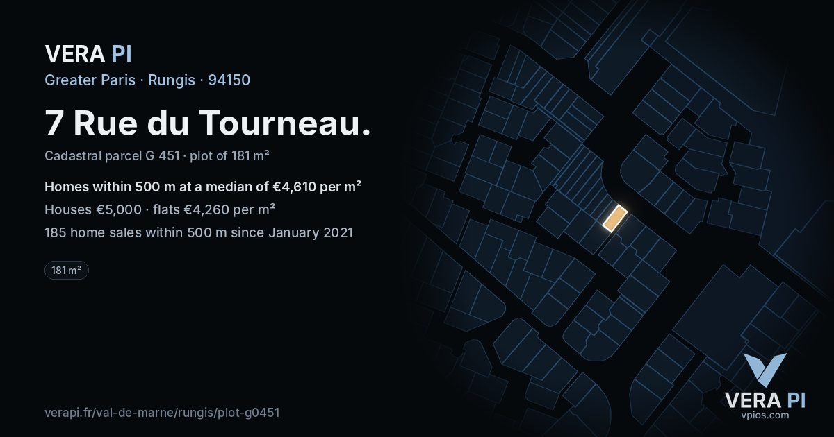 7 Rue du Tourneau, Rungis at night – the plot lit, the parcels around coloured by the prices near them