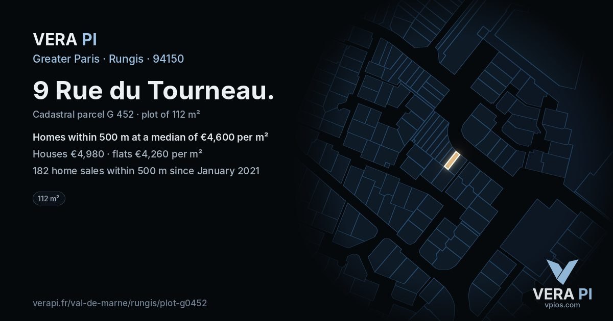 9 Rue du Tourneau, Rungis at night – the plot lit, the parcels around coloured by the prices near them