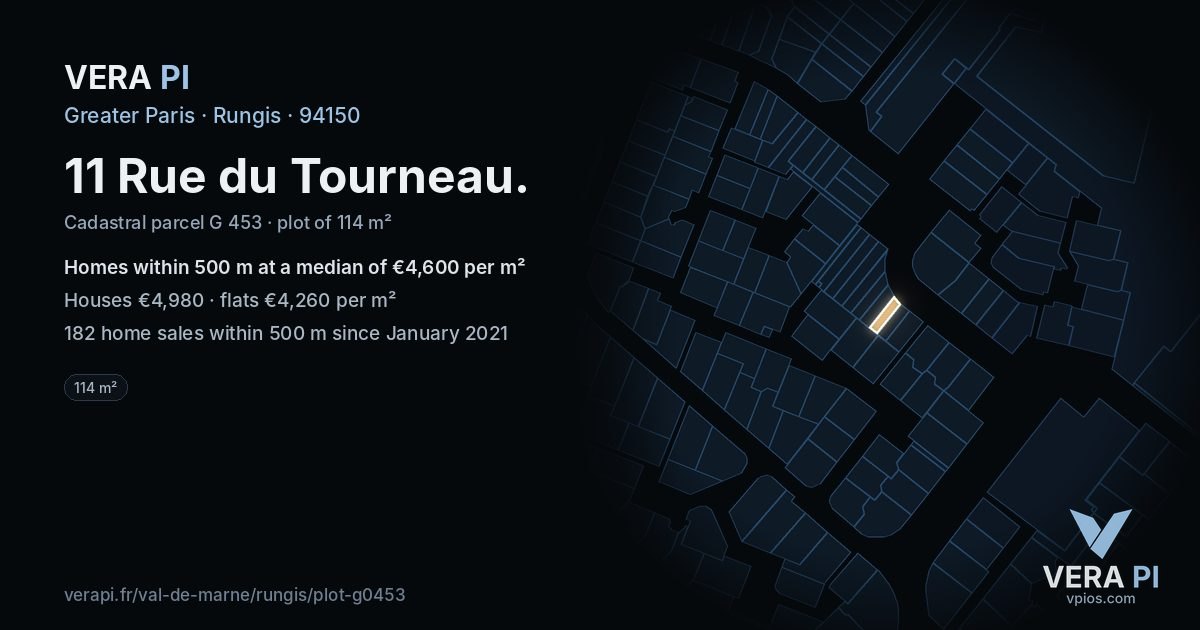 11 Rue du Tourneau, Rungis at night – the plot lit, the parcels around coloured by the prices near them