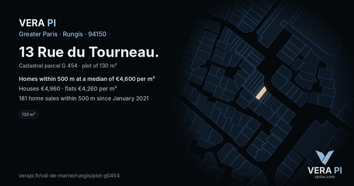 13 Rue du Tourneau, Rungis at night – the plot lit, the parcels around coloured by the prices near them