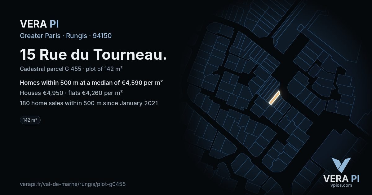 15 Rue du Tourneau, Rungis at night – the plot lit, the parcels around coloured by the prices near them