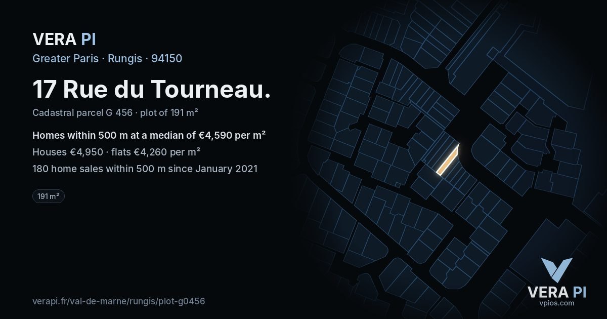 17 Rue du Tourneau, Rungis at night – the plot lit, the parcels around coloured by the prices near them