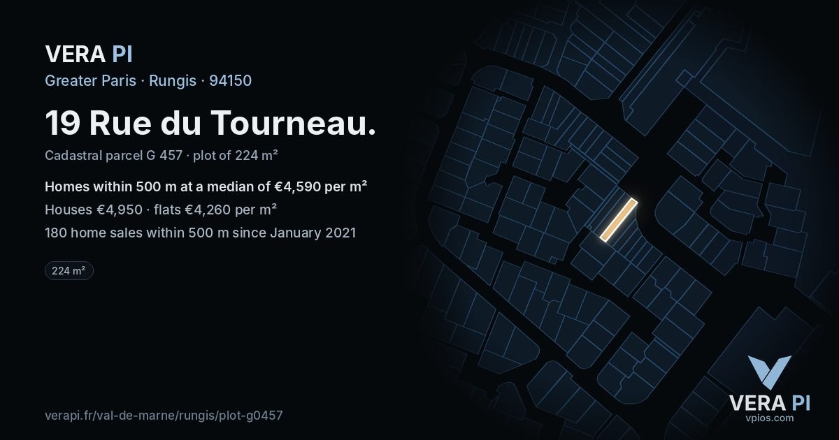 19 Rue du Tourneau, Rungis at night – the plot lit, the parcels around coloured by the prices near them