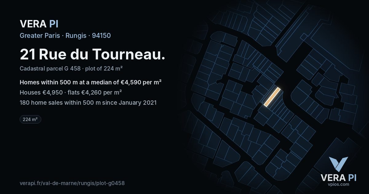 21 Rue du Tourneau, Rungis at night – the plot lit, the parcels around coloured by the prices near them