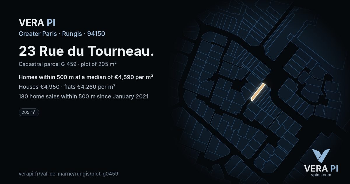 23 Rue du Tourneau, Rungis at night – the plot lit, the parcels around coloured by the prices near them