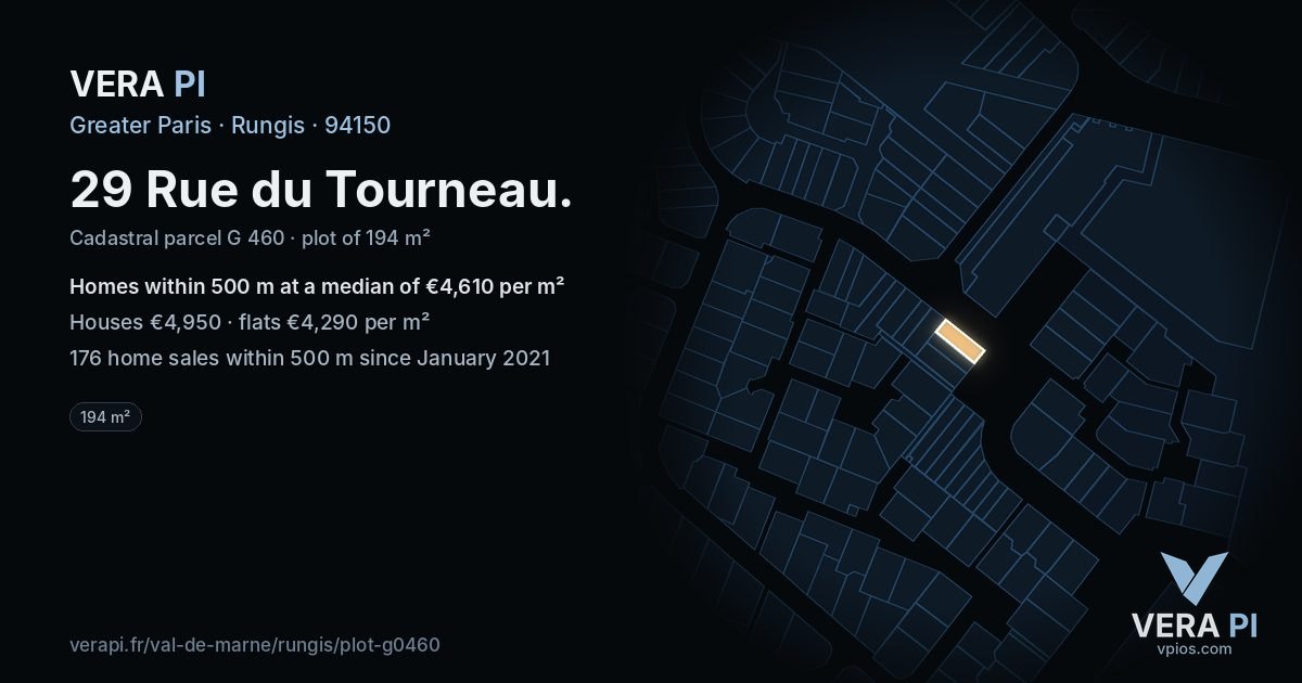 29 Rue du Tourneau, Rungis at night – the plot lit, the parcels around coloured by the prices near them