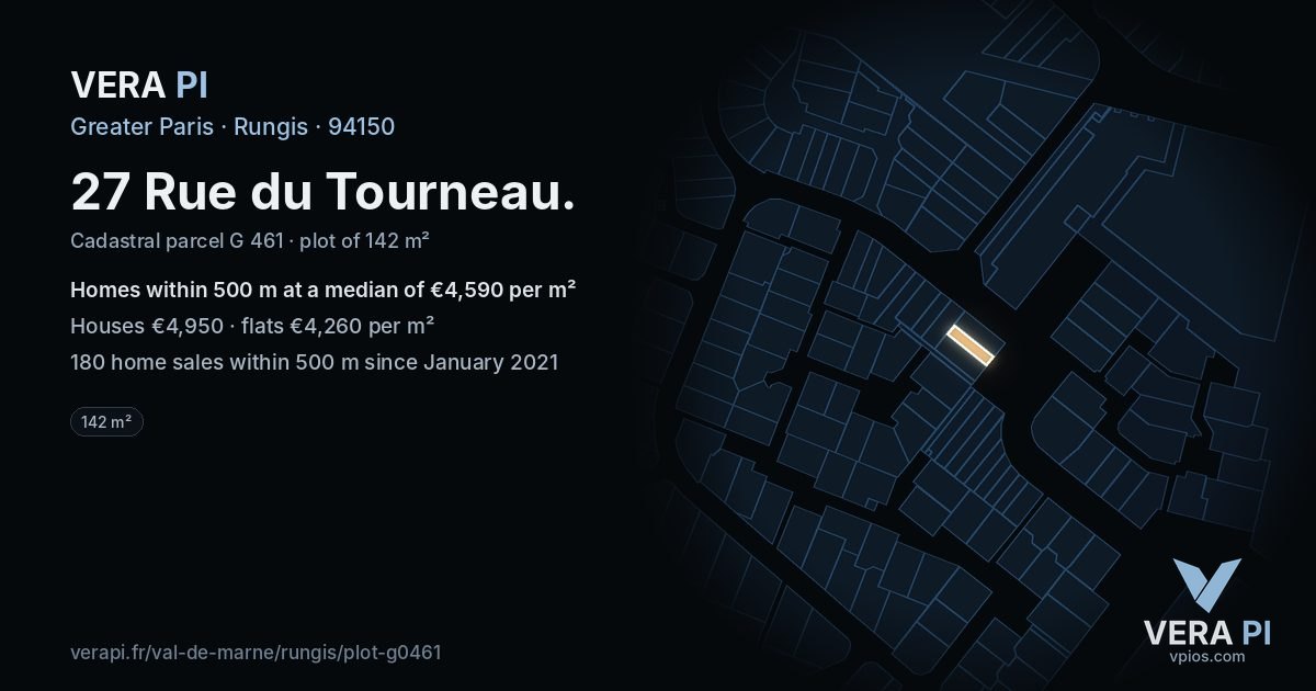 27 Rue du Tourneau, Rungis at night – the plot lit, the parcels around coloured by the prices near them