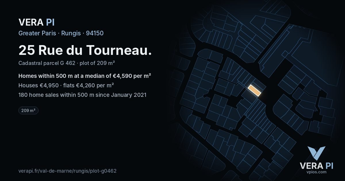25 Rue du Tourneau, Rungis at night – the plot lit, the parcels around coloured by the prices near them